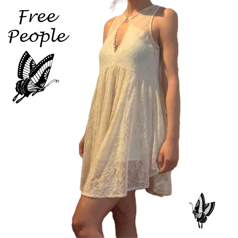 NWOT Free People white and golden floral lace mini baby doll dress